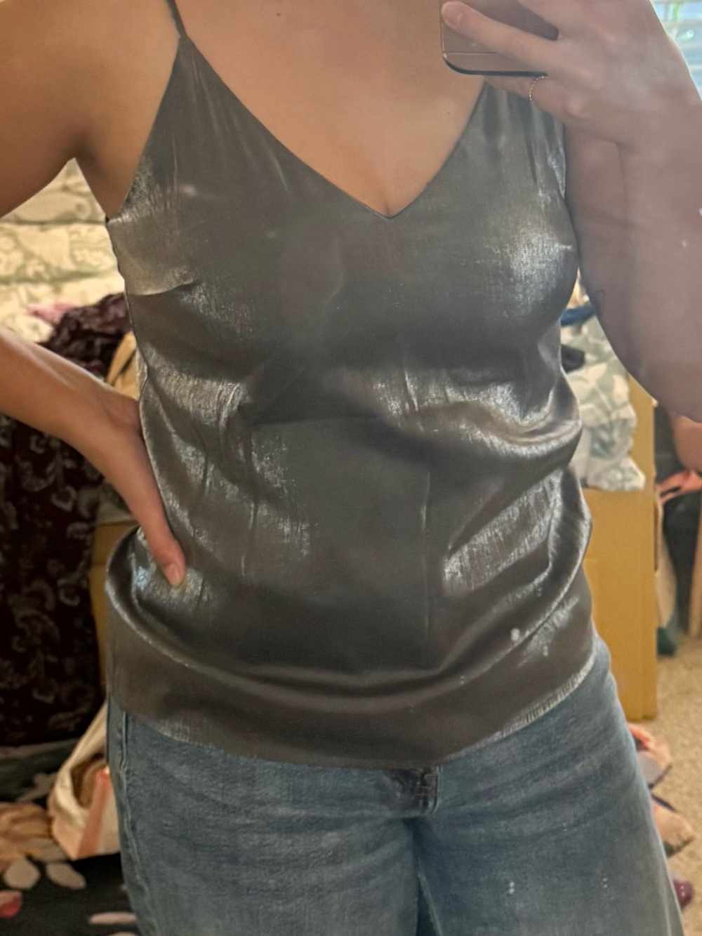 Banana Republic Shiny V-Neck Cami Tank Top - Charcoal